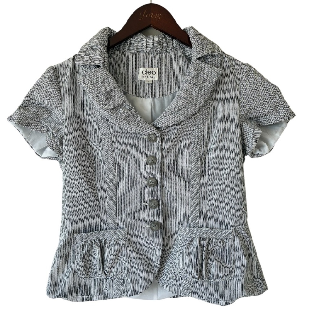 Cleo Petite Striped Short Sleeve Lined Blazer with Ruffle Detail